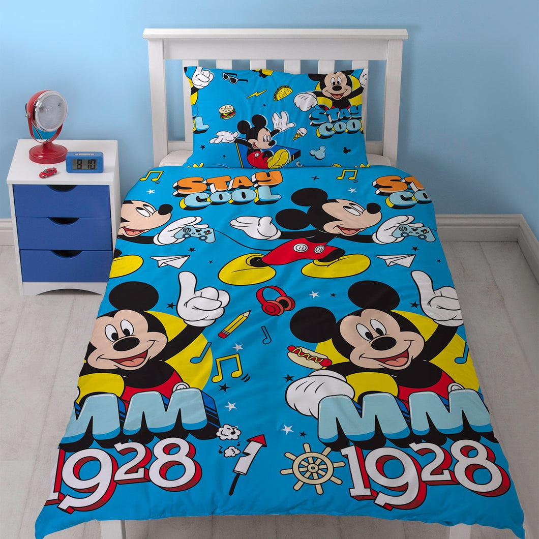 Mickey Cool - Single Bed Duvet Cover Set, Retro Blue Yellow