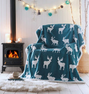 Moose Teal Sherpa Throw - Soft Fleece Blanket Winter Green White