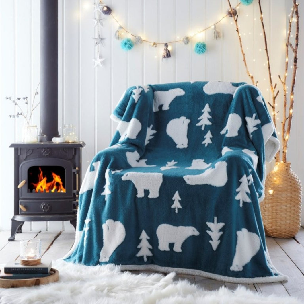 Polar Bear Teal Sherpa Throw - Soft Fleece Blanket Winter Green White