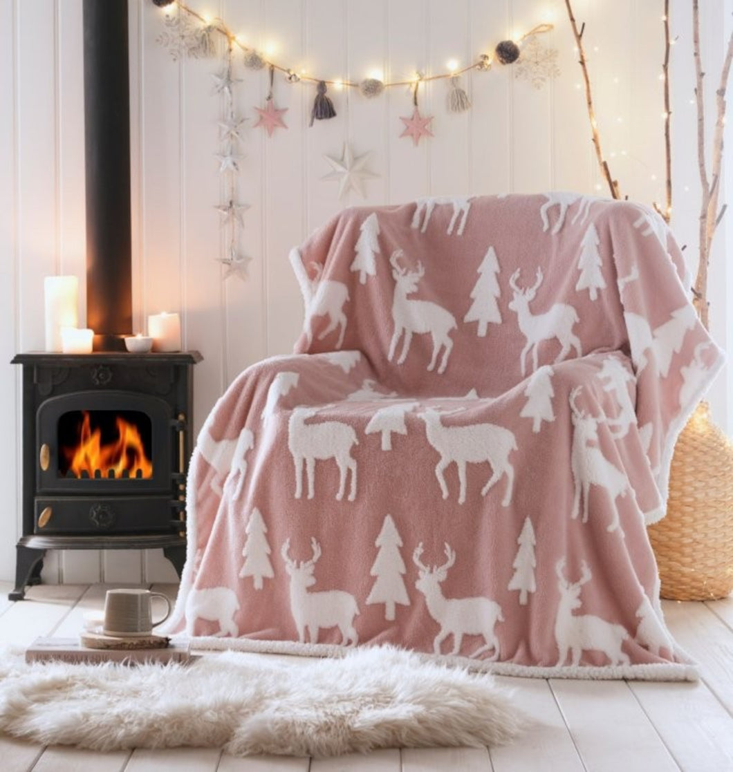 Reindeer Pink Sherpa Throw - Soft Fleece Blanket Winter