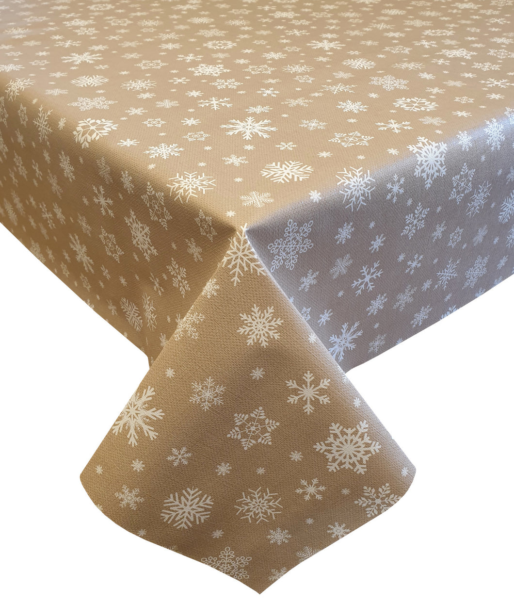 PVC Snowflake Mink - Wipe Clean Table Cloth Christmas Festive Snow Beige Latte White