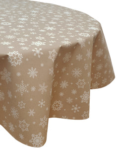 PVC Snowflake Mink - Wipe Clean Table Cloth Christmas Festive Snow Beige Latte White