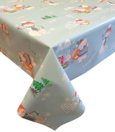 PVC Snowman Wave Blue - Wipe Clean Table Cloth Xmas Polar Bear Presents Tree Igloo