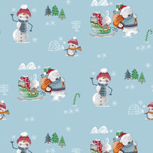 Load image into Gallery viewer, PVC Snowman Wave Blue - Wipe Clean Table Cloth Xmas Polar Bear Presents Tree Igloo
