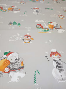 PVC Snowman Wave Grey - Wipe Clean Table Cloth Xmas Polar Bear Presents Tree Igloo