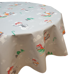 PVC Snowman Wave Grey - Wipe Clean Table Cloth Xmas Polar Bear Presents Tree Igloo