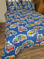 Flannelette Duvet Cover Set Trucks - Printed Blue Yellow Green Trucker