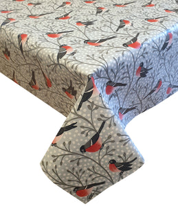 PVC Robin Grey - Wipe Clean Table Cloth Birds Polka Dot Branch