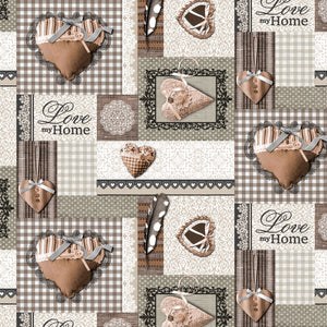 PVC Hearts Brown - Wipe Clean Table Cloth Lace Patchwork