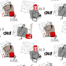 Load image into Gallery viewer, PVC Chef - Wipe Clean Table Cloth Cooking Book Pots Text Red Grey Beige

