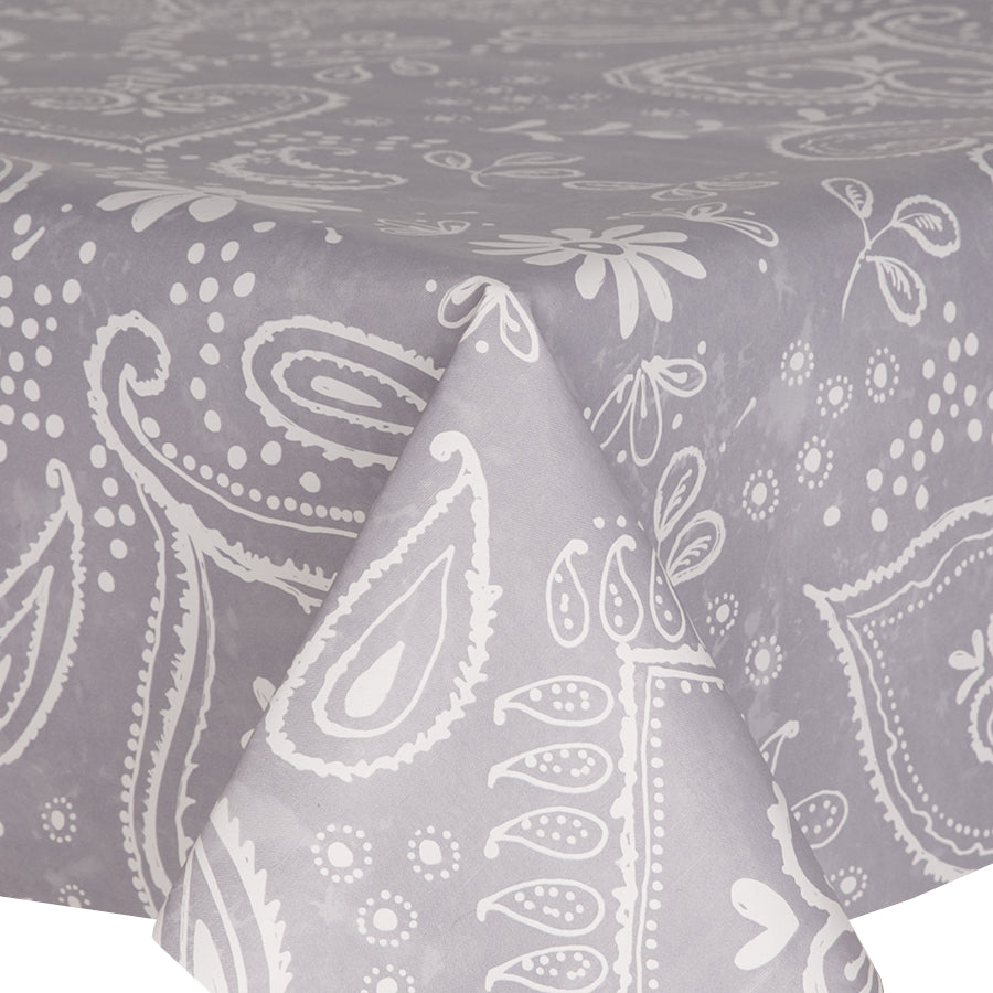 PVC Paisley Grey - Wipe Clean Table Cloth White Floral Dots
