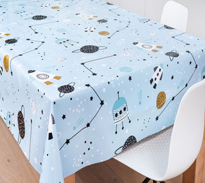 PVC Space - Wipe Clean Table Cloth Space Ship Rocket Shooting Stars Planets Blue White Black