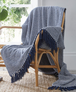 Ascot Navy Throw 130cm x 170cm - Geometric Diamond White Blue Weave