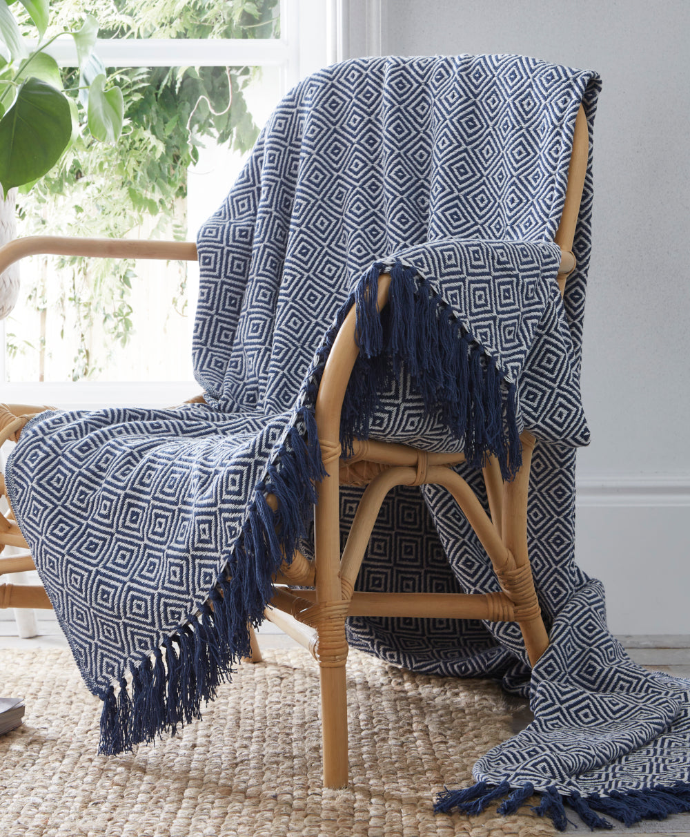 Ascot Navy Throw 130cm x 170cm - Geometric Diamond White Blue Weave
