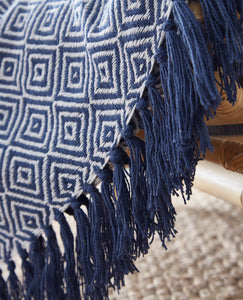 Ascot Navy Throw 130cm x 170cm - Geometric Diamond White Blue Weave