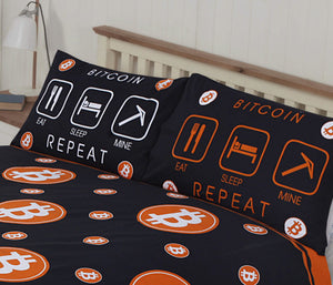 Bitcoin - Duvet Cover Set Cryptocurrency Eat Sleep Mine Repeat Black Orange