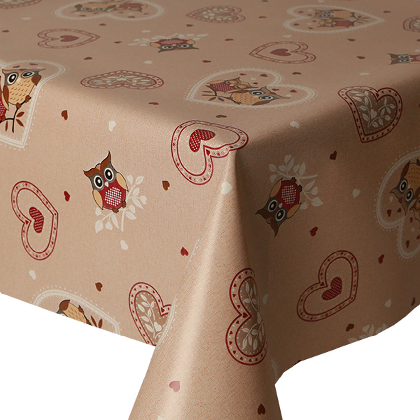 PVC Beige Owls - Wipe Clean Table Cloth Leaves Red Brown Hearts