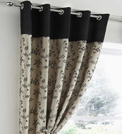 Corvette Black - Eyelet Curtain Pair Flocked Flowers Beige Faux Silk