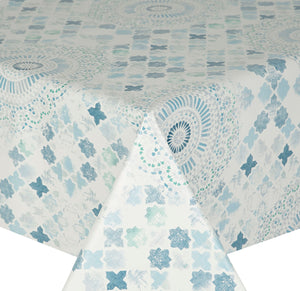 PVC Ceramic Blue - Wipe Clean Table Cloth Mosaic Tile Effect Flower Circles Aqua Teal