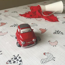 Load image into Gallery viewer, PVC Chickens Red - Wipe Clean Table Cloth Dots Clover Hearts Black Grey Beige

