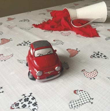 PVC Chickens Red - Wipe Clean Table Cloth Dots Clover Hearts Black Grey Beige