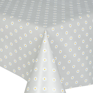 PVC Daisy Silver - Wipe Clean Table Cloth Floral Polka Grey Yellow