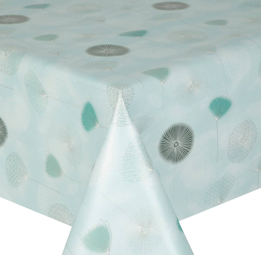 PVC Dandelion Teal - Wipe Clean Table Cloth Flowers Aqua Blue Green White