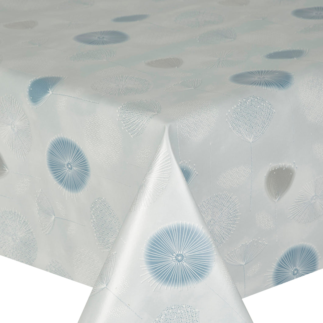 PVC Dandelion Blue - Wipe Clean Table Cloth Flowers Silver Grey White