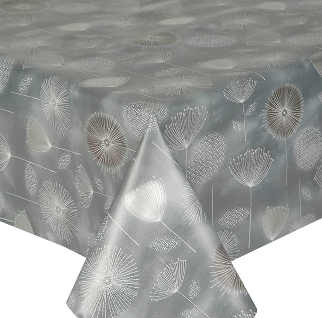 PVC Dandelion Grey - Wipe Clean Table Cloth Flowers Silver Charcoal Slate White