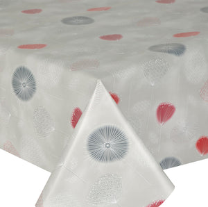 PVC Dandelion Red - Wipe Clean Table Cloth Flowers Silver Grey White
