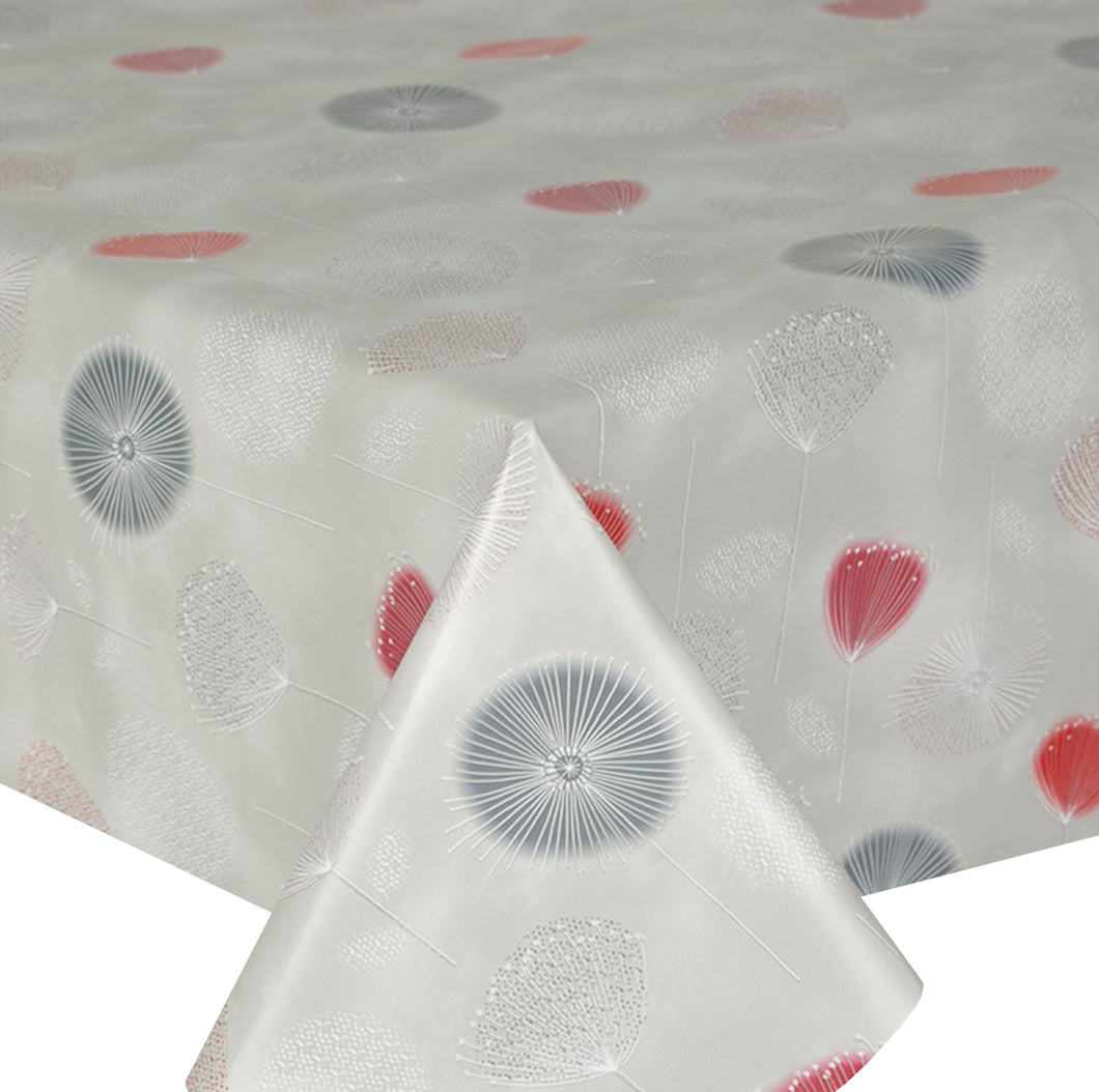 PVC Dandelion Red - Wipe Clean Table Cloth Flowers Silver Grey White
