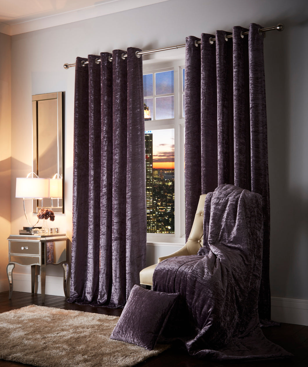 Esquire Mauve - Eyelet Curtain Pair Shimmer Velvet Purple Aubergine