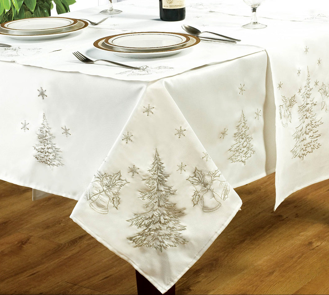 Festive White Silver - Christmas Table Cloth Range Embroidered Fir Tree Faux Silk
