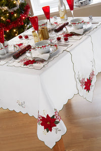 Faith Red Green - Christmas Table Cloth Range Embroidered Poinsettia Scallop Edge