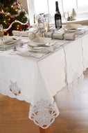 Frost White Silver - Christmas Table Cloth Range Embroidered Snowflakes Scallop Edge