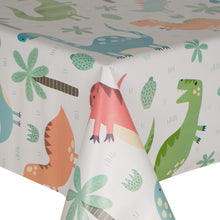 Load image into Gallery viewer, PVC Jurassic - Wipe Clean Table Cloth Dinosaurs T-Rex Trees Blue Green Orange Pastel
