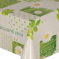 PVC Marguerite - Wipe Clean Table Cloth Daisy Dots Grass Leaves Green White Grey