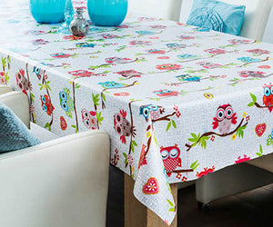 PVC Funky Owls - Wipe Clean Table Cloth Geometric Branch Hoot Flowers