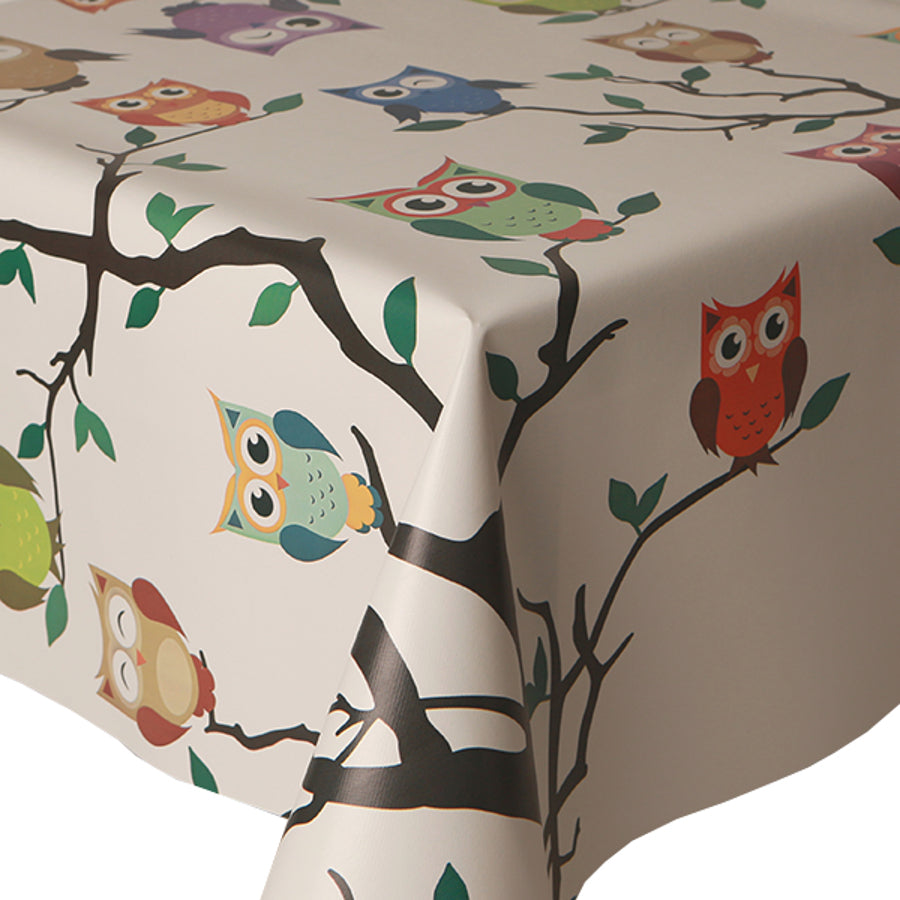 PVC Owls On Tree - Wipe Clean Table Cloth Hoot Branch