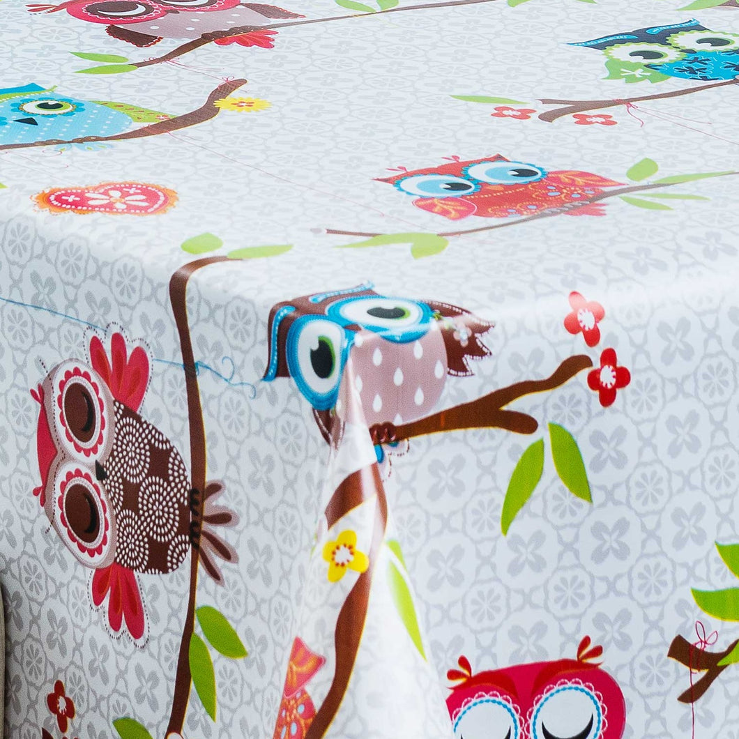 PVC Funky Owls - Wipe Clean Table Cloth Geometric Branch Hoot Flowers