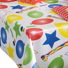 Load image into Gallery viewer, PVC Party Time - Wipe Clean Table Cloth Balloons Stars Whistles Red Blue Yellow Green
