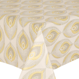 PVC Peacock Ivory - Wipe Clean Table Cloth Grey Gold Feathers