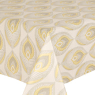 PVC Peacock Ivory - Wipe Clean Table Cloth Grey Gold Feathers