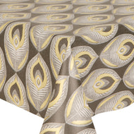 PVC Peacock Slate - Wipe Clean Table Cloth Grey Charcoal Gold Feathers