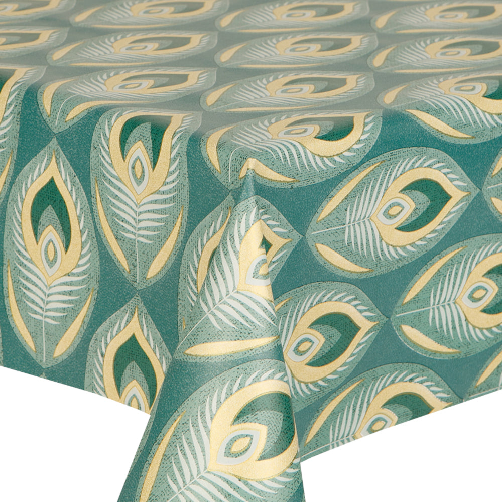PVC Peacock Teal - Wipe Clean Table Cloth Jade Green Gold Feathers