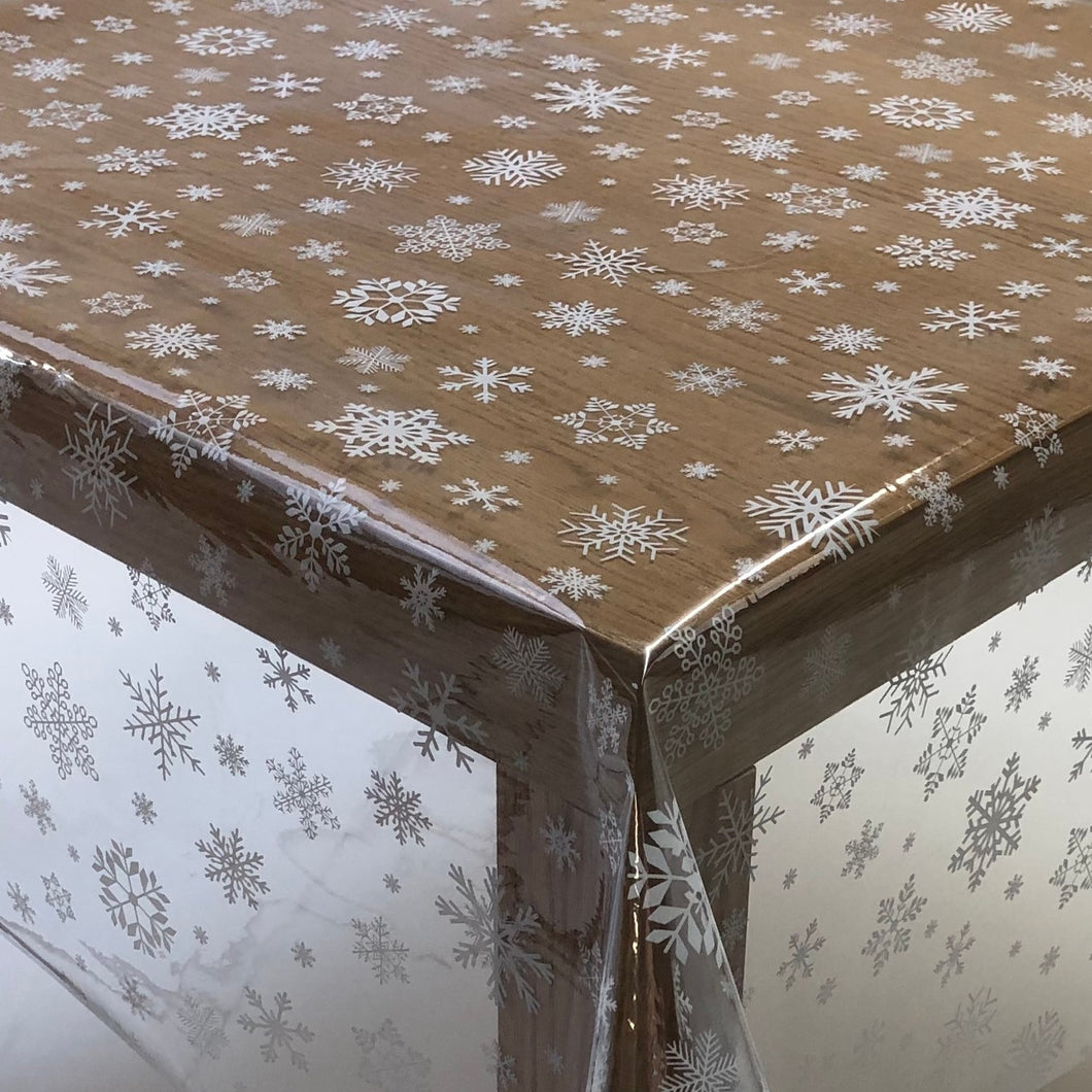 PVC Snowflake Grey On Clear - Wipe Clean Table Cloth Christmas Festive Snow Silver White