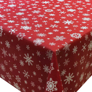 PVC Snowflake Red - Wipe Clean Table Cloth Christmas Festive Snow Crimson White
