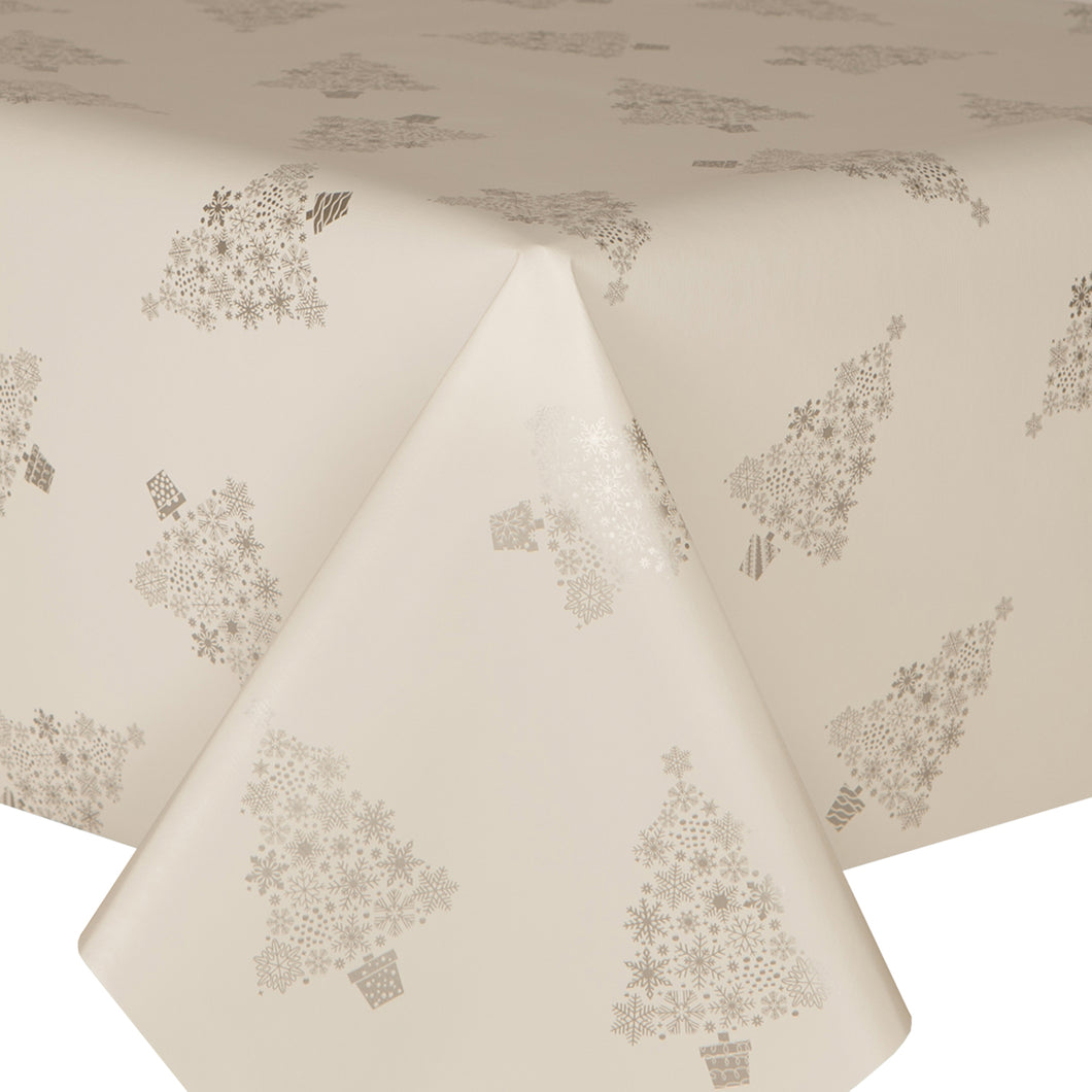 PVC Xmas Trees Silver - Wipe Clean Table Cloth Festive Snowflakes Grey