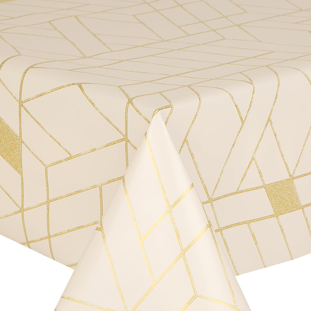 PVC Rhomba Cream- Wipe Clean Table Cloth Retro Geometric Ivory Gold Yellow