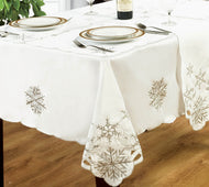 Snowflake White Silver - Christmas Table Cloth Range Embroidered Faux Silk